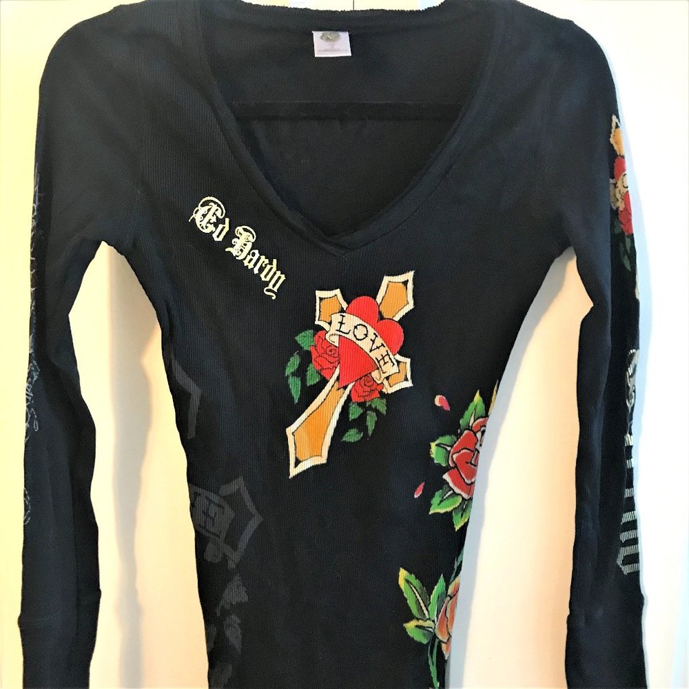 Ed Hardy Ribbed Long Sleeve T Shirt Black Small